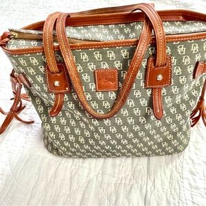 Dooney & Bourke Side Tassel Tote, taupe and cream, leather trim and handles